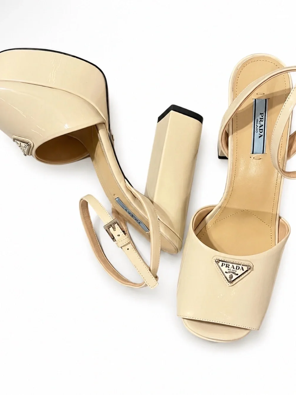 Prada Cream Patent Leather Platform Sandals with Ankle Strap